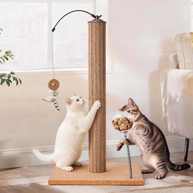 Cat Scratching Post Cork & Cardboard Mix with Heavey Duty Solid Wood Base, Indoor 26" Premium Durable Nature Kitten Scratch Post Tree with Snack Ball & Feather Interactive Toys for Kittens & Adult