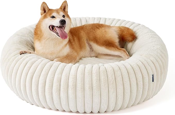 Bedsure ComfyFleece Donut Large Dog Bed - Washable Faux Fur with Corduroy Fleece & Anti Slip Bottom, Round Pet Bed with Removable Cover, Cream, 36x36x8 inches