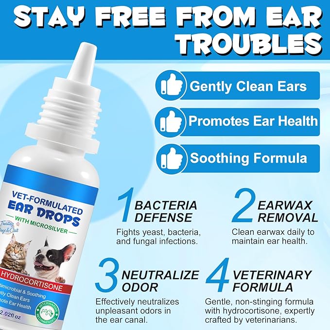 Ear Infection Treatment Drops for Dogs and Cats,with 1% Hydrocortisone Soothing Dog Yeast Infection, Itchy Ear Relief-Treats Ear Infections for Dogs & Cats - 2 fl oz