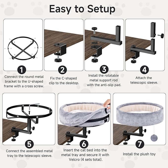 Chumajor Cat Desk Bed - 360° Rotating & Adjustable, Supports 44 lbs, Soft Faux Fur with Dual-Sided Reversible Mat, Modern Indoor Cat Nest Furniture for Office Desks and Game Tables, Island Table