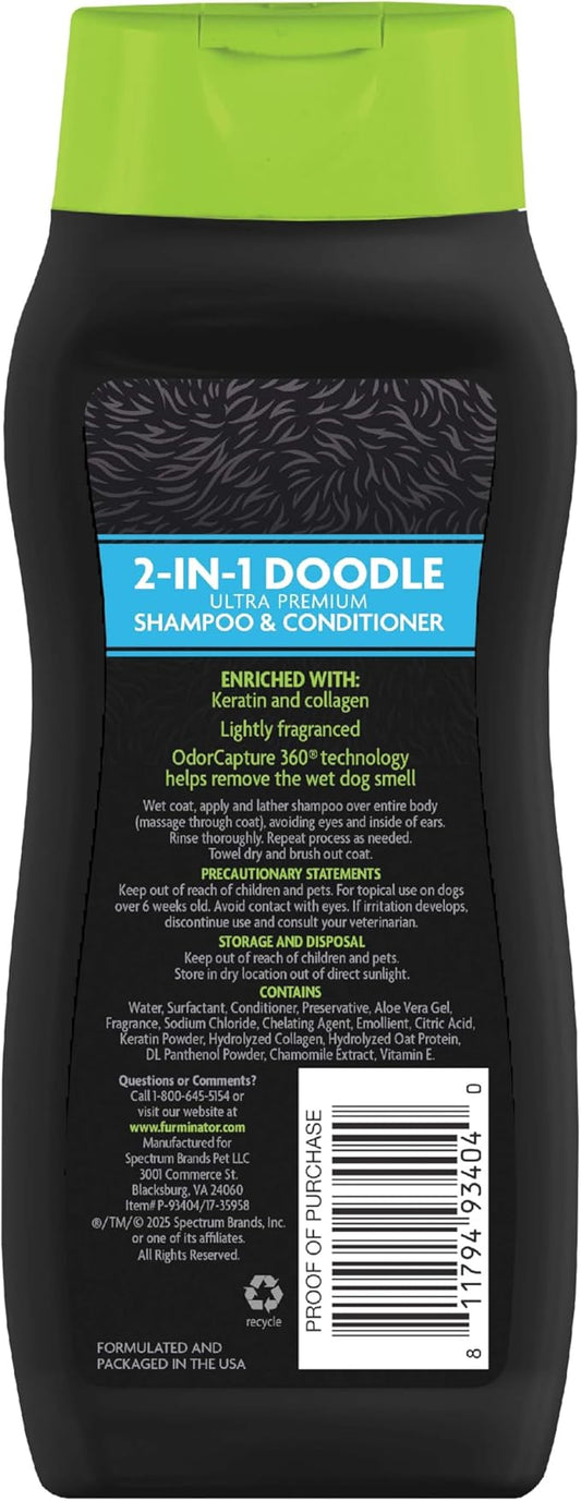 FURminator 2-in-1 Doodle Ultra Premium Shampoo & Conditioner, 16 Ounces, Conditions Fur to Reduce Tangles for Curly, Long, Silky & Wiry Coats