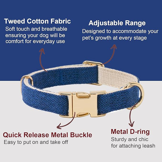 Ewinoom Soft Hemp Dog Collar and Leash Set Adjustable Woven Tweed Dog Collars with Metal Buckle and Lead for Small Medium Large Dogs,Royal Blue