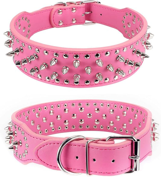 Hoot PU Leather Adjustable Spiked Studded Dog Collar 2" Wide 37 Spikes (M(Neck 19"-22"), Rose Red)