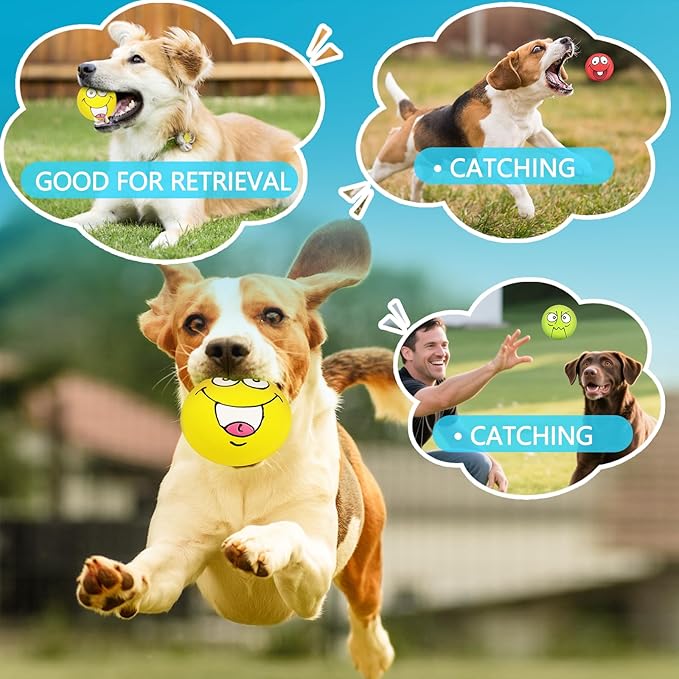 HDSX 4 Pack 2.8" Smiley Face Squeaky Dog Toys Soft Dog Balls Latex Rubber Squeak Dog Toys for Small Medium Puppy Pet Dogs (Flat Ball)