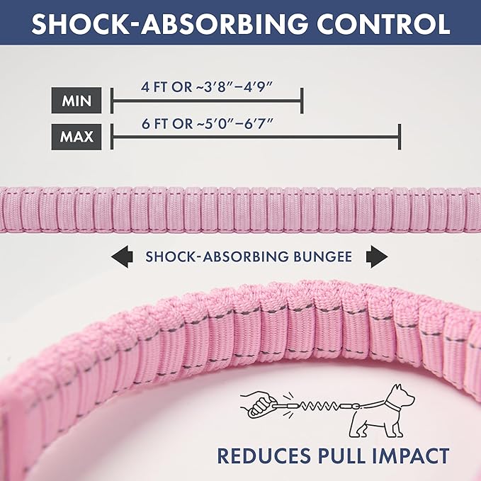 Spark Paws Handsfree Dog Leash – Shock Absorbing Waist Bungee Lead for Running, Car Seatbelt Clip & Poop Bag Set, Heavy Duty Tactical Lead for Medium, Large & X-Large Breeds - Pink