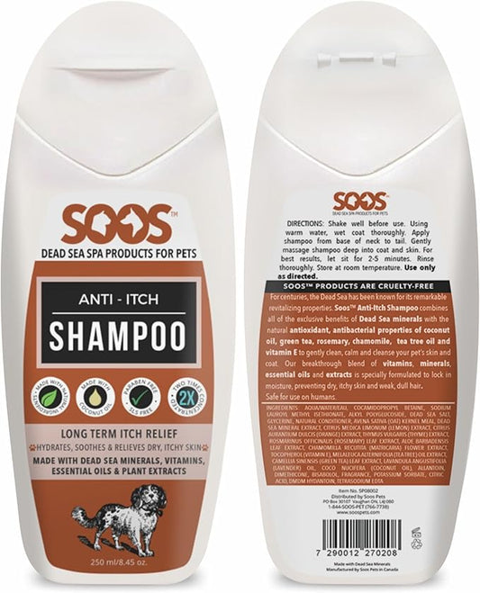 Soos Pet Shampoo Anti-Itch Cat and Dog Shampoo Dead Sea Minerals Fast Absorbing Soothes Itching Clean Fur with Vitamins Essential Oils Natural Ingredients - 1x Bottle (250ml)