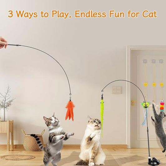 SUNSHINETOP Cat Wand Toy, Interactive Kitten Feather Toys Self Play, Cat Teaser for Indoor Cats Reusable Suction Cup Toys for Indoor Cats Kittens Play Exercise
