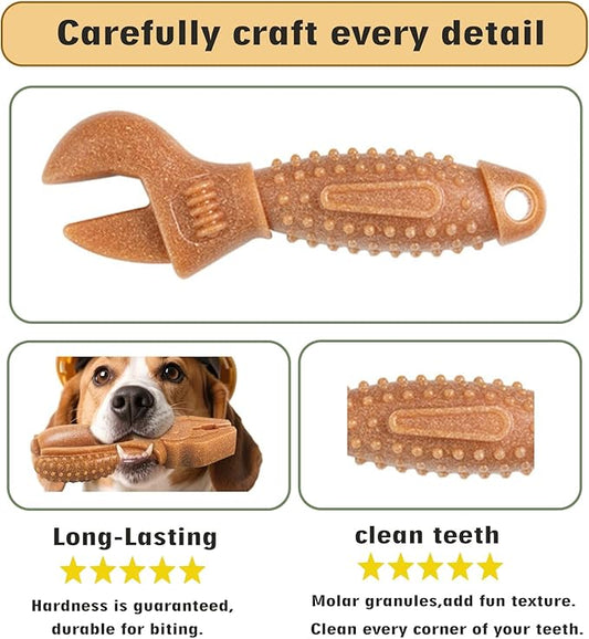 Dog Chew Toys, Aggressive chewer toy for Medium& Large dogs, Made of real pine wood and durable Food-Grade nylon, with Tool Shape Design for Dental Cleaning and Long-Lasting Chewing Fun(brown-wrench)