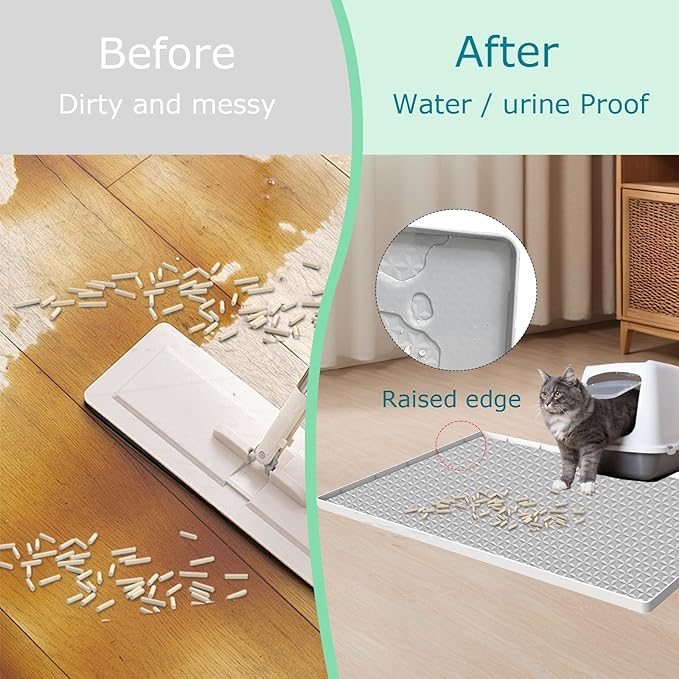Jacooxi Cat Litter Mat for Litter Box, Silicone Large Cat Litter Trapping Mat - 51.2x25.6 in, Waterproof & Non-Slip, Durable & Easy Clean, Light Gray