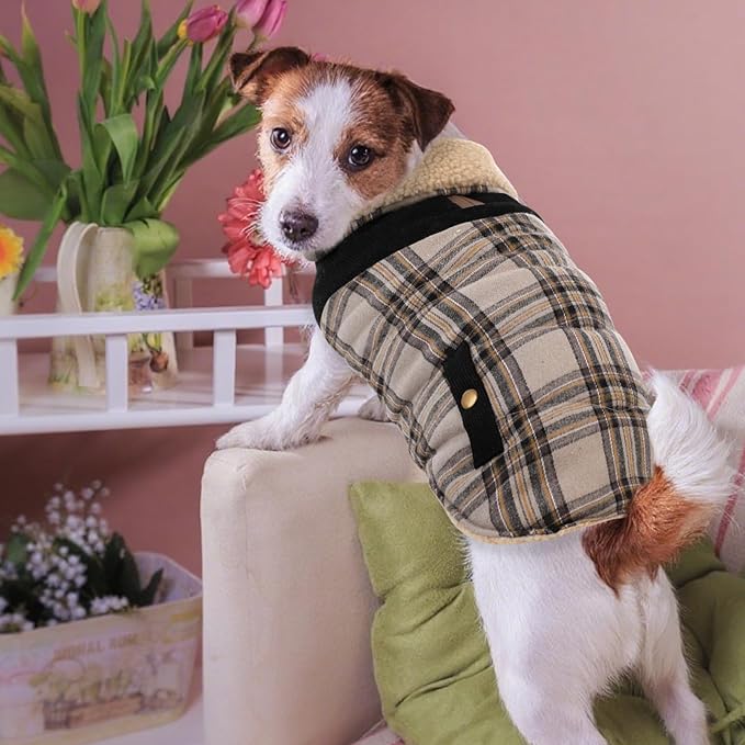 Winter Coat for Small Dogs, Puppy Plaid Jacket, Dog Jacket for Cold Weather, Windproof Warm Garments, Pets Thickened Outfits Indoor Outdoor, Beige S