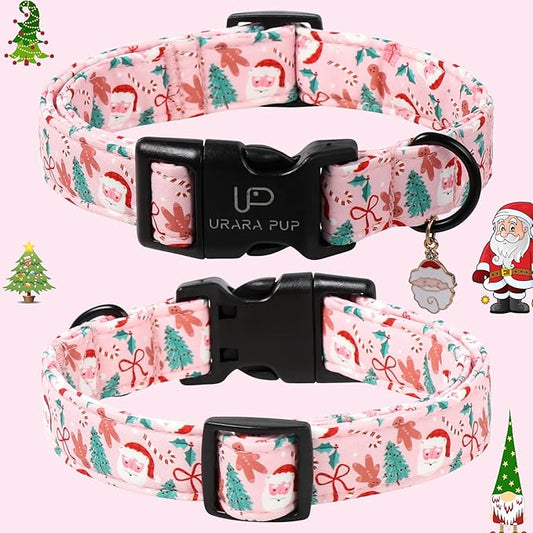 Xmas Dog Collars - Pink Christmas Tree & Santa Dog Collar with Gingerbread- Comfortable, Stylish Pet Collars with Quick Release Buckle for Christmas XS