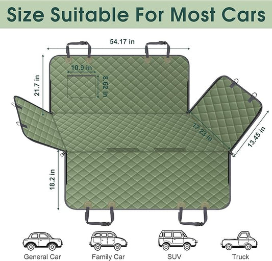 NECKORY Waterproof Dog Car Seat Cover for Back Seat - Durable, Scratch Proof Pet Hammock with Nonslip Design & Storage Pockets, Fits Cars, SUVs, Trucks- S, Green