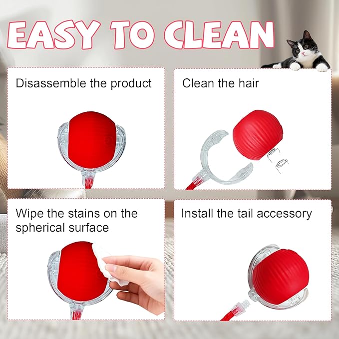 FUICZSN Automatic Interactive Cat Toys Ball, Motion Activated Kitten Toys with Twitchy Tail, 3 Speed Modes & Rechargeable Battery, Fun Indoor Cat Enrichment Toys for Small Medium Large Cats (Red)