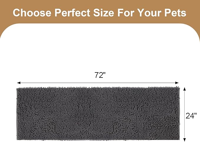 Amyracel Absorbent Dog Door Mat for Muddy Paws, 72" x 24" Non Slip Washable Door Mat Indoor Entrance, Quick Dry Chenille Pet Entry Rugs for Entryway Indoor, Grey