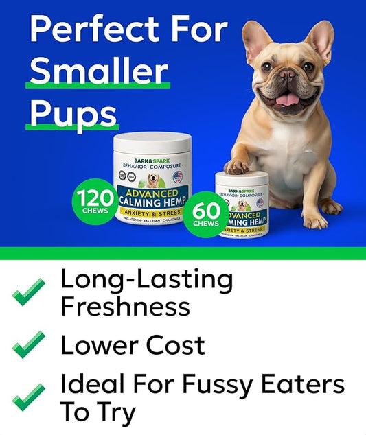BARK&SPARK Advanced Calming Chews for Dogs - Hemp Chew + Melatonin - Anxiety Relief - Sleep Aid - Relaxing Treats - Stress Relief During Fireworks, Storms, Thunder, Barking