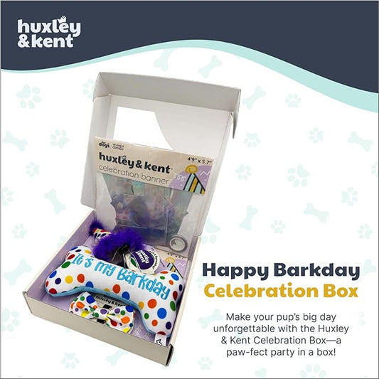 Huxley & Kent Celebration Box for Dogs - Fun Gift Kit with Plush Squeaky Toys, Party Hat, Bow Tie & Banner - Birthday, Gotcha Day & Special Occasion Dog Kit - Happy Barkday Box, Small