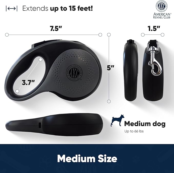 American Kennel Club Retractable Dog Leash, 16.4ft, Tangle-Free, Ergonomic Grip, One-Hand Brake, for Medium & Large Dogs up to 66 lbs