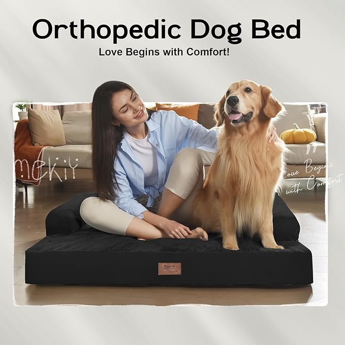 Large Orthopedic Dog Bed with Bolster – Washable Waterproof Cover, Non-Slip Bottom, Egg Crate Foam Cushion for Joint and Hip Support, Comfortable Pet Bed for Large Dogs