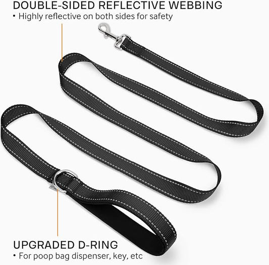Joytale Double-Sided Reflective Dog Leash, 6 FT/5 FT/4 FT, Padded Handle Nylon Heavy Duty Leashes for Small & Medium Dogs Walking, Black, 6FT
