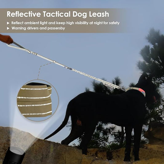 AUBELL Tactical Dog Leash Heavy Duty,4-6ft Reflective Strong No Pull Bungee Leash for Medium Large Dogs with Comfortable Padded Double Handle,Car Seat Belt,360 Degree Rotating Carabiner,Brown