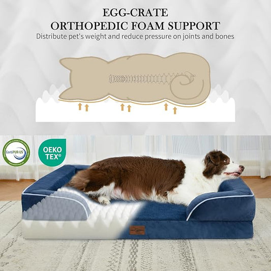 Comfort Expression Orthopedic Dog Bed for Small Dogs 24x16 Inch, Waterproof Supportive Egg Crate Foam Small Pet Bed with Removable Bolsters, Dog Couch with Washable Cover & Non-Slip Bottom, Navy Blue