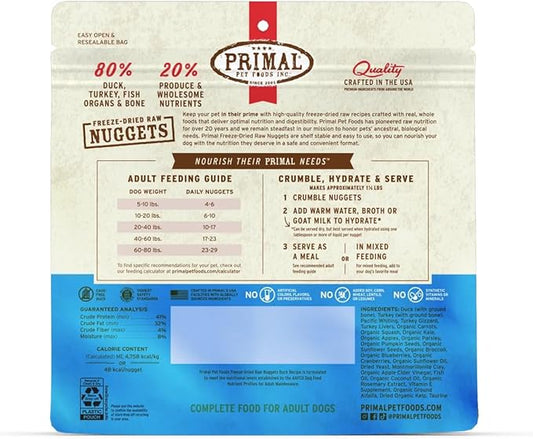 Primal Freeze Dried Raw Dog Food Nuggets, Duck, Complete & Balanced Meal, Also Use as Topper or Treat, Premium, Healthy, Grain Free, High Protein Raw Dog Food, 14 oz