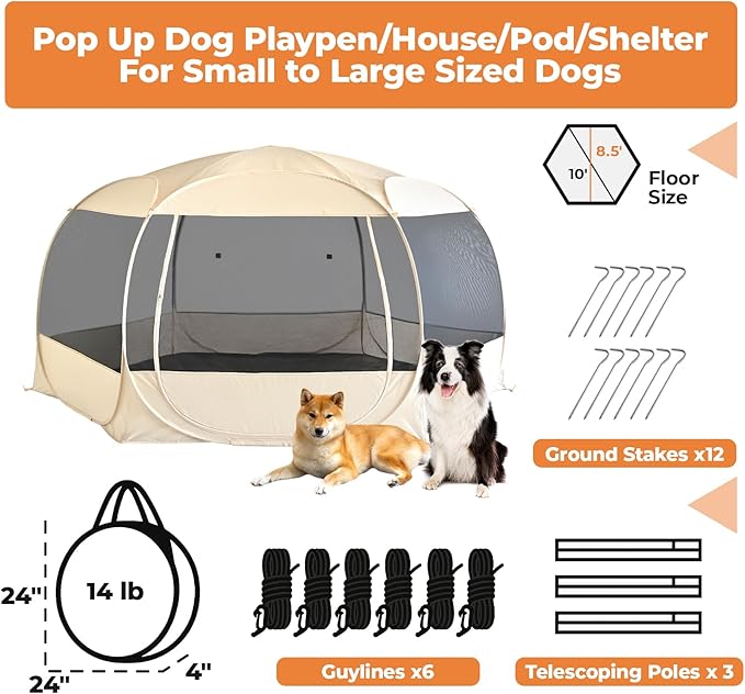 EighteenTek® XXLarge Popup Portable Dog Houses 10'x4.8'H Assembly-Free Gazebo-Style Dog Cot Cat Playpen Screen Pet Tent Sun Shade Shelter Dog Bed with Canopy for Outdoor Anti-Bugs with Leakproof Floor