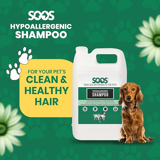 Soos Pet Shampoo Hypoaller-genic Natural Dead Sea Minerals Fast Absorbing with Vitamins Essential Oils Natural Elements for Dogs and Cats - 1x Pet Shampoo (4L)