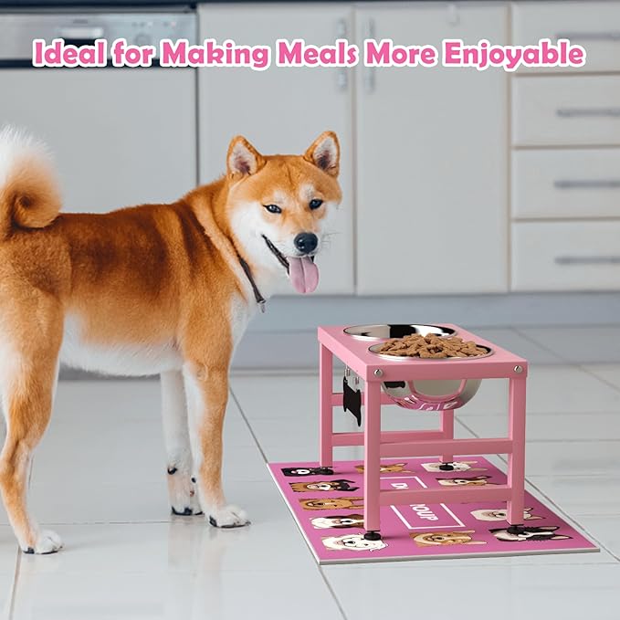 Elevated Dog Bowls, 10" Tall Height, ADENGL Raised Bowl Stand with 2 Stainless Steel Food Feeder Bowls (60oz) and Spill-Proof Mat for Medium Large & Small Breeds, Pink