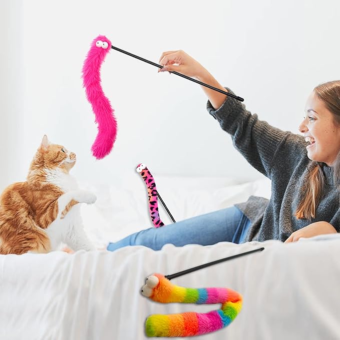 Lepawit 3 Pack Cat Wand Toy, Rainbow Cat Feather Toys with Bells, Teaser Wand with Soft Furry Tail, Interactive Toys for Indoor Cats & Kitten & Kitty