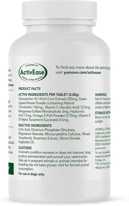 Yumove Hip & Joint Supplement for Dogs with Glucosamine, Hyaluronic Acid, Green Lipped Mussel & Omega 3 Joint Supplement - Regular or Advanced Strength (60 Count, Chewable Tablets)