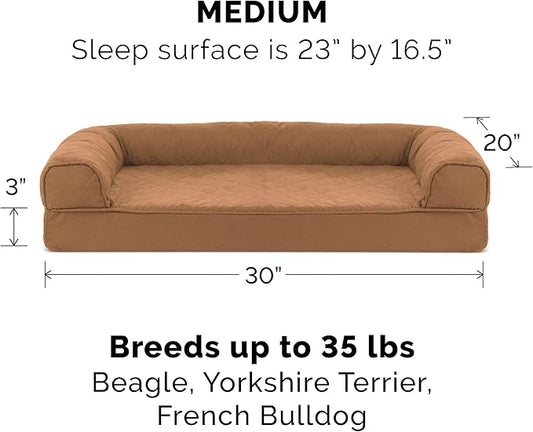 Furhaven Cooling Gel Dog Bed for Medium/Small Dogs w/ Removable Bolsters & Washable Cover, For Dogs Up to 35 lbs - Quilted Sofa - Toasted Brown, Medium