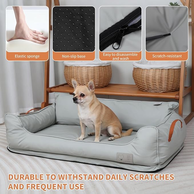 Removable Orthopedic Dog Beds for Large Dogs, Leather Memory Foam Dog Sofa Bed, Waterproof Durable Dogs Bed Couch with Non Skid Bottom for All Pet Sizes (Silver Gray, Large)