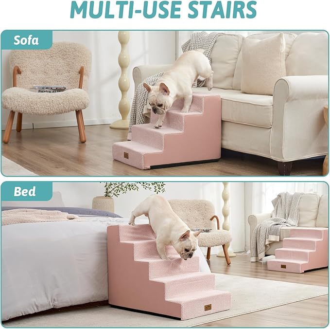 COZY KISS Dog Stairs for Small Dogs, 17.7" Extra Wide Right-Angle Pet Stairs for Couch and Beds, Anti-Slip Dog Steps for Old Cats and Lowrider, 17.7x23.6x17.7 inch, Pink