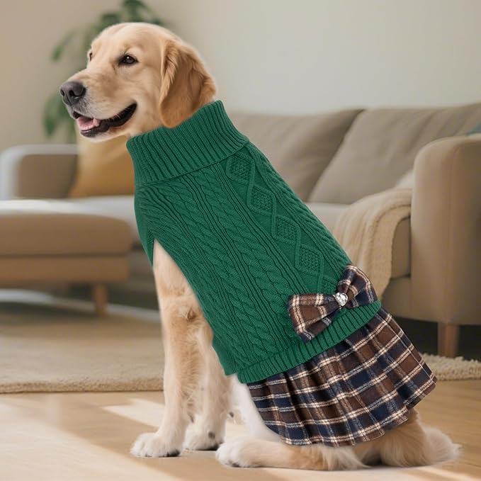 KYEESE Dog Sweater Comfy Dog Sweaters for Medium Dogs Boy Soft Pullover Dogs Clothes Warm Turtleneck Pets Sweaters with Bowtie Thick Knitwear Pet Sweater Dress Stretchy Pet Coats, Green, XX-Large