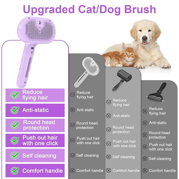 Dog Brush Cat Brush for Shedding, Pet Spray Steam Brush for Dogs Cats,Anti-Static Hair Removal Grooming Comb Long Short Haired Pets Barber Tool,purple