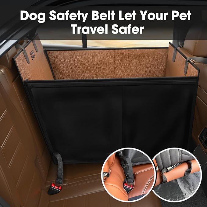 FURTIME Large Dog Car Seat, Upgraded PU Leather Back Seat Extender with Hard Bottom, Waterproof Pet Car Seat Cover for Medium Sized Dog, Pet Hammock for Cars, SUVs, Trucks, Brown