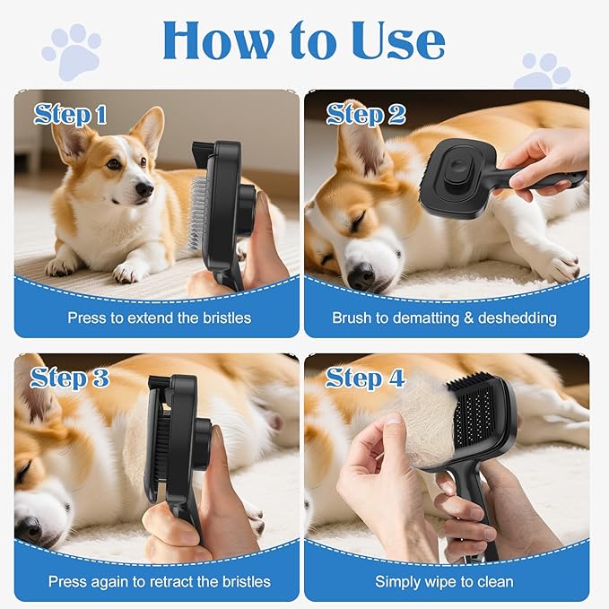 GracePals Self Cleaning Dog Brush for Shedding - Bristle Brush and Long/Short Needles Design, Skin Friendly, Slicker Deshedding Dog Brush, Hair Removal for Long & Short Haired Pets (Black)