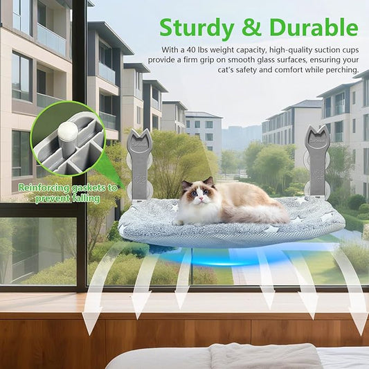 2 Pack Cat Window Perch,Cat Window Hammock Cordless Foldable Window Bed with 4 Large Strong Suction Cup,Reversible Cushion Cover,Metal Frame Easy to Adjust Window Seat Holds up to 40lbs(Star White,M