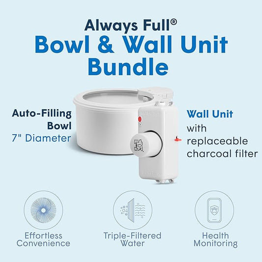 Always Full® 7” Cat Water Bowl with Wall Unit, Self Refilling Clean Filtered Water System, App Enabled Smart Hydration Tracking, Automatic Water Bowl for Cats and Dogs