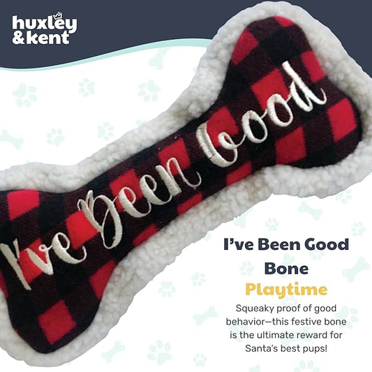 Huxley & Kent Funny Dog Toy w/Squeaker – Holiday Power Plush Squeaky Dog Toys for Small, Medium & Large Dogs – Soft Stuffed Animal for Indoor Play & Fetch - I've Been Good Bone, Large