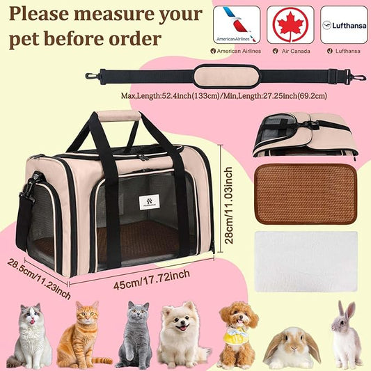 DSDCDJ Cat Carrier Dog Carrier - Soft-Sided Cat Carrier with Plush Pad & Cooling Mat, Easy-Load 4-Side Zipper & 3-Side Mesh Ventilation, Pet Carrier Airline Approved for Cats/Dogs Up to 20 lbs, Brown