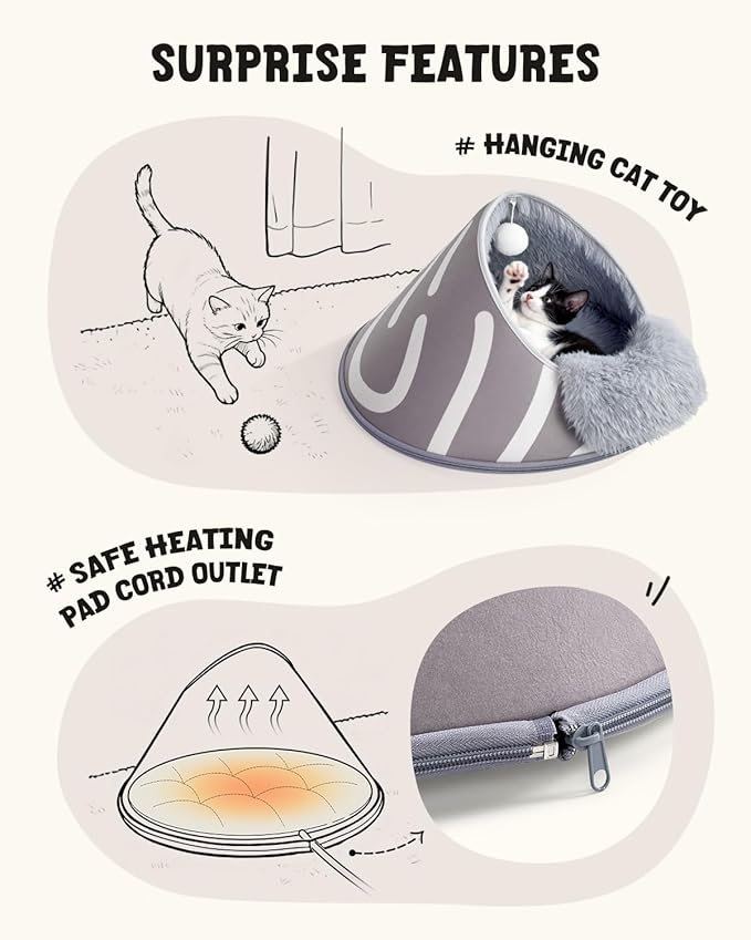 BurgeonNest 20-Inch Round Cat Bed Cave, Enclosed Hooded Pet Bed for Indoor Cats, Cozy Anti-Collapse Cave with Soft Plush, Waterproof EVA Shell, Fully Washable, Shape Retention, Grey