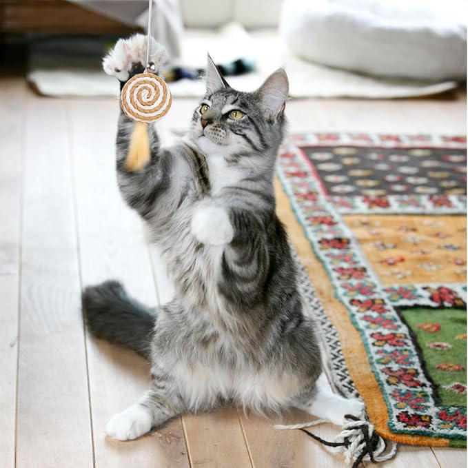 Goosheep 15.8inch 3Pack Interactive Cat Wand Toy for Indoor Cats Teases for Bored Indoor Adult Cats to Chase and Exercise Solid Wood Bell Ball
