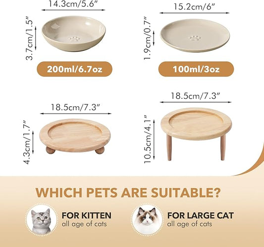 Havniva Raised Ceramic Wide Whisker Friendly Cat Dishes, Food&Water Bowl with 2 Style Stand Adjustable Pet Bowl Set(1Dish+1Shallow Dish+Stand