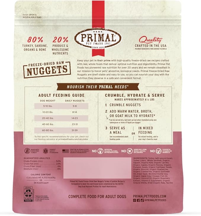 Primal Freeze Dried Raw Dog Food Nuggets, Turkey & Sardine Complete & Balanced Meal, Also Use as Topper or Treat, Premium, Healthy, Grain Free, High Protein Raw Dog Food, 30 oz