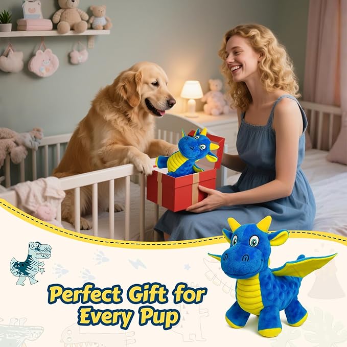 BBeary Squeaky Dog Toys - Soft Plush Dragon Dog Toy with 5 Squeakers & Crinkle Paper, Dog Toys for Small, Medium and Large Dogs (Blue,10")
