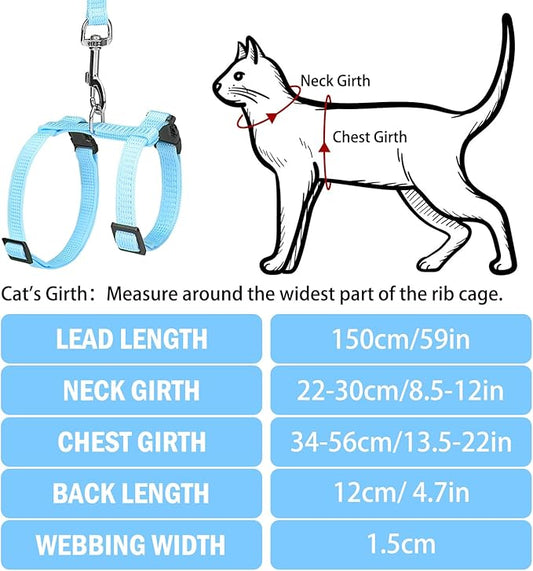 PUPTECK Adjustable Cat Harness and Leash Set Escape Proof Kitten Strap Collar for Walking Travel, Sky Blue, M
