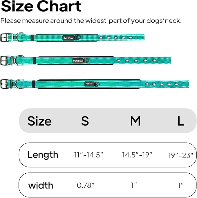 PetiFine Dog Collars for Small Dogs, Neoprene Padded Dog Collar, Reflective Heavy Duty Pet Collars with Durable Metal Belt Buckle for Walking, Teal, S
