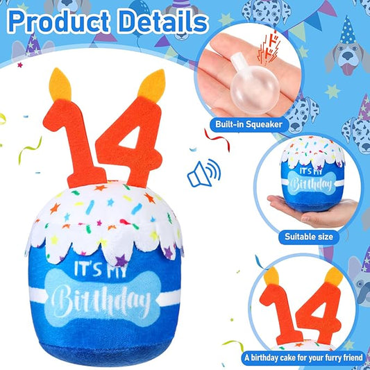Dog Birthday Cake Toy Accessories for Girl Boy Gifts, Squeaky Plush Toy for Dog Birthday Party Decor Favor for Large, Medium and Small Dogs(14th,Blue)
